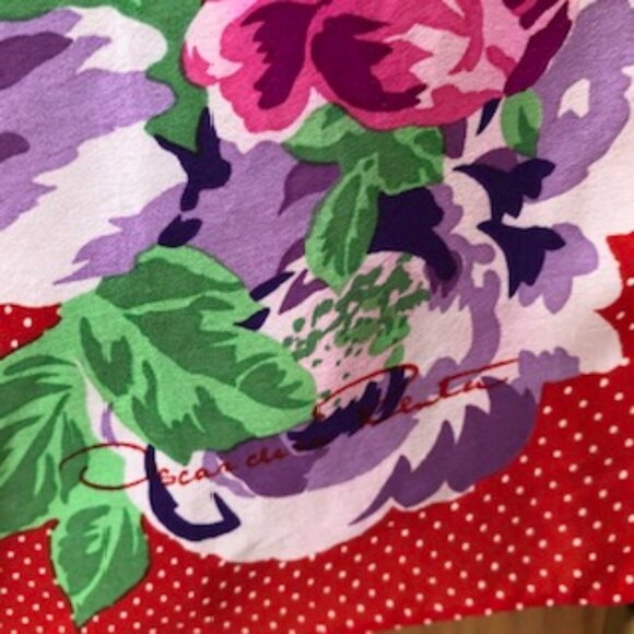 Vintage Oscar de la Renta Square Silk Scarf Wrap Red White Polka Dot Floral - Picture 1 of 5